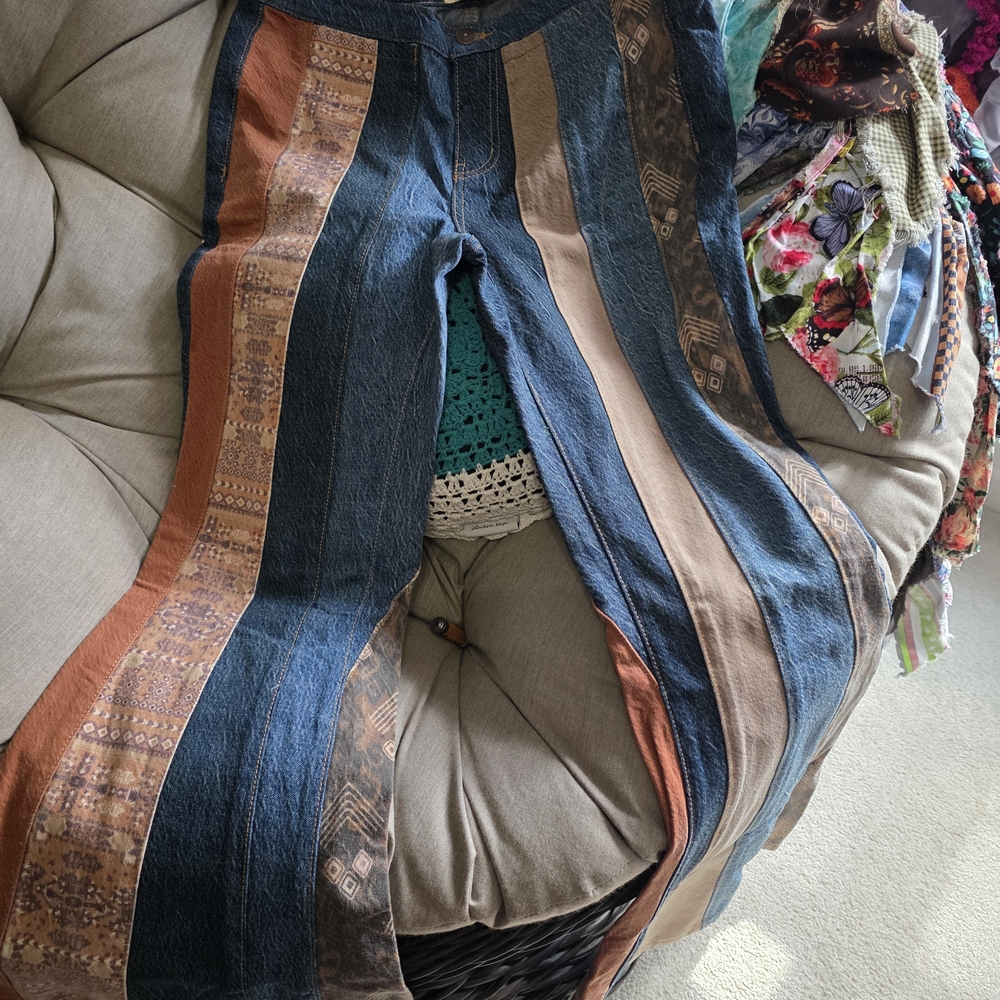 Free People Striped Patchwork Wide-Leg Jeans in Blue and Brown
